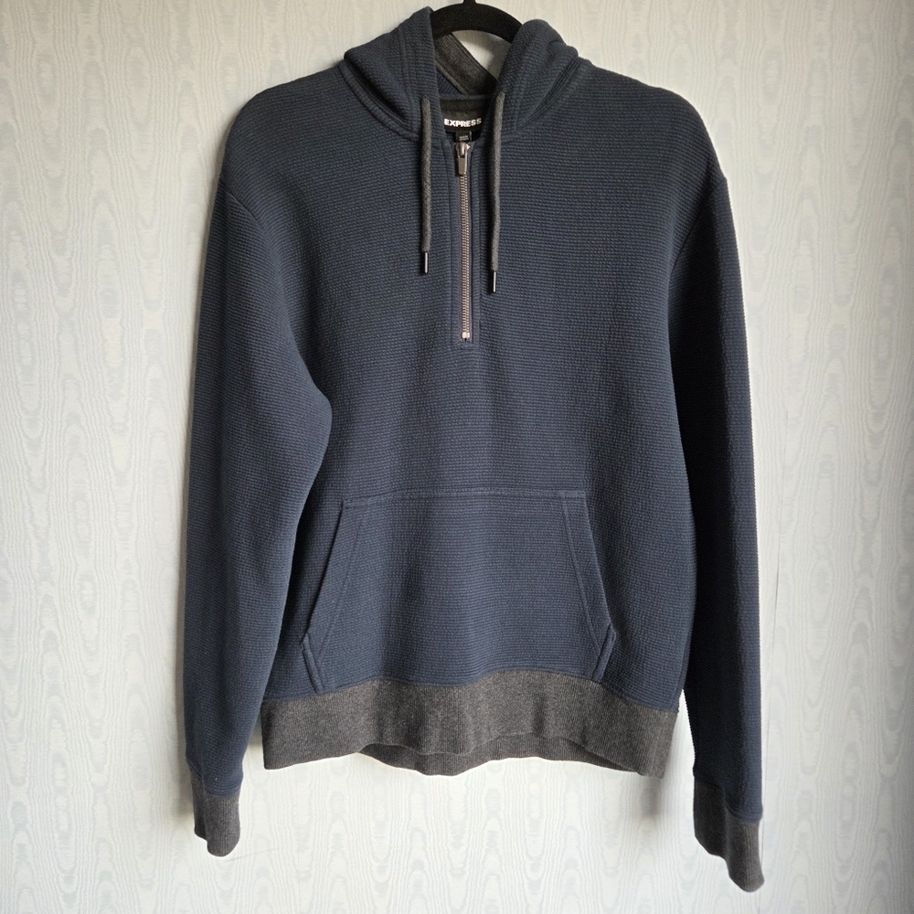 Express Mens Ribbed Two Tone 1/2 Zip Drawstring Hoodie‎ Navy Blue Gray Small